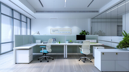Office workstations in a minimalist modernist design, featuring smart media, semi-private glass partitions, and office chairs for sitting and sleeping. 
