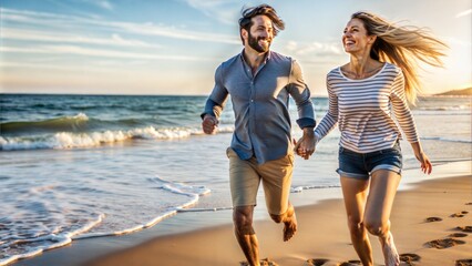 Fototapeta premium happy couple running on the beach.