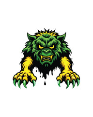 A green furry monster with oversized claws, snarling with sharp teeth, covered in dripping black goo.