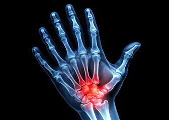 Naklejka premium The X-ray reveals a stark image of a fractured hand, with two broken bones protruding from the wrist and the radius bone snapped in half.