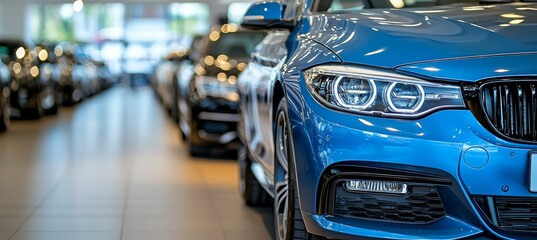 Obraz premium New Blue Car in Dealership Showroom with Shallow Depth of Field and the Focus on Headlight