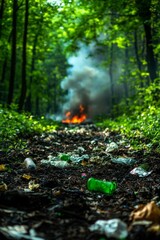 A forested area covered in garbage, with smoke from a nearby fire