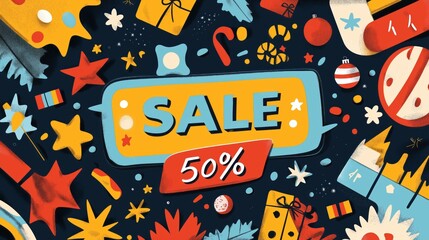 Colorful comic style sale banner with bold typography and playful illustrations.