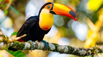 Fototapeta premium Toucan perched on a branch amidst tropical foliage in bright sunlight
