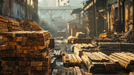 Stacks of wooden planks arranged in an outdoor lumber yard bathed in warm sunlight, suitable for articles on construction, woodworking, and industrial settings,