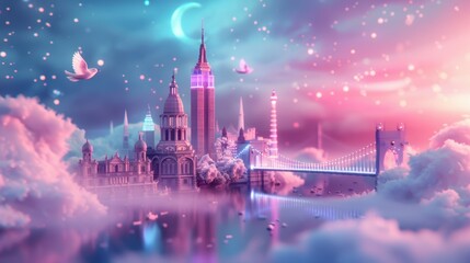 Fototapeta premium A surreal cityscape where iconic landmarks from different continents are interconnected by a network of glowing, ethereal bridges.