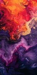 Abstract fluid art with vibrant swirling colors of red, orange, purple, and gold creating a dynamic and mesmerizing composition useful for backgrounds, artistic designs, and modern decor,