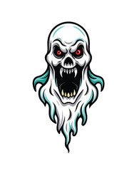 A scary, transparent ghost monster with distorted sharp teeth and red eyes.