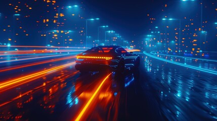 A sleek sports car speeds down a neon-lit, rain-soaked highway at night, with vibrant blue and orange light trails illuminating the scene, ideal for futuristic, cyberpunk, or high-speed themes,