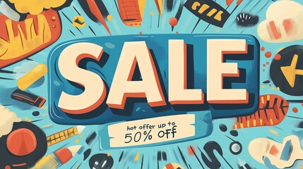 Fototapeta premium Vibrant comic style sale banner with hot offer discount text and assorted shopping items.