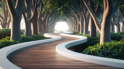 A surreal pathway leading through a forest of interconnected trees, representing the intricate paths of strategic decision making.