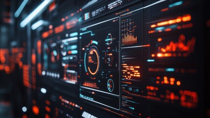 Obraz premium A digital dashboard displaying real-time data for electrical system protection, warning alerts highlighted,