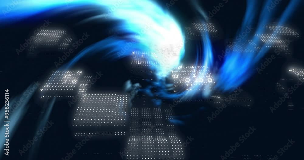 Poster binary code and data processing animation over swirling blue light effects