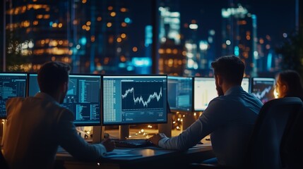 Fototapeta premium Three professionals analyze stock market trends using multiple computer monitors in a bustling city office at night