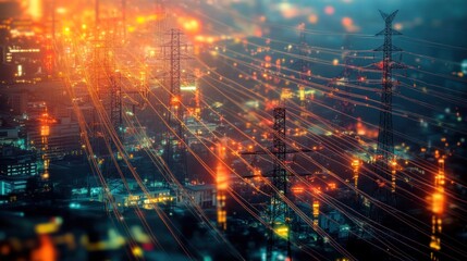 Fototapeta premium A digital map of electrical infrastructure in a major city, highlighting power lines and substations,