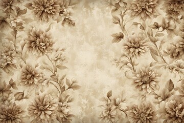 A vintage floral pattern with faded sepia toned flowers and leaves on an aged background, Ai Generated