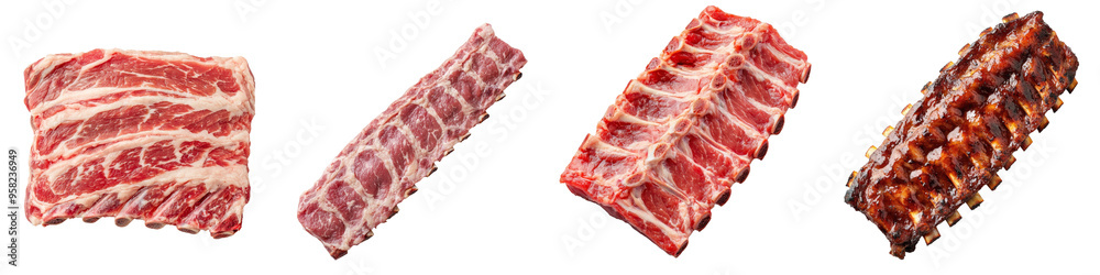 Poster on a transparency background, the top view of pork ribs is shown in full length