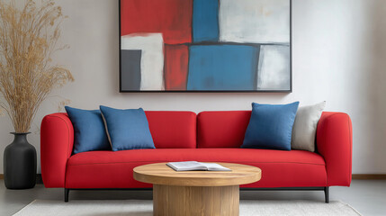 A minimilistic interior of room with white red and grey colours and sofa