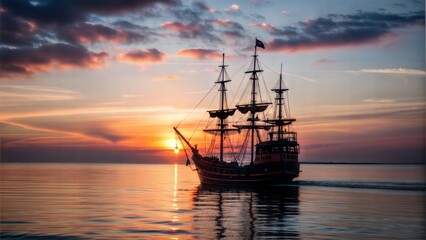  pirate ship sailing in sunset.