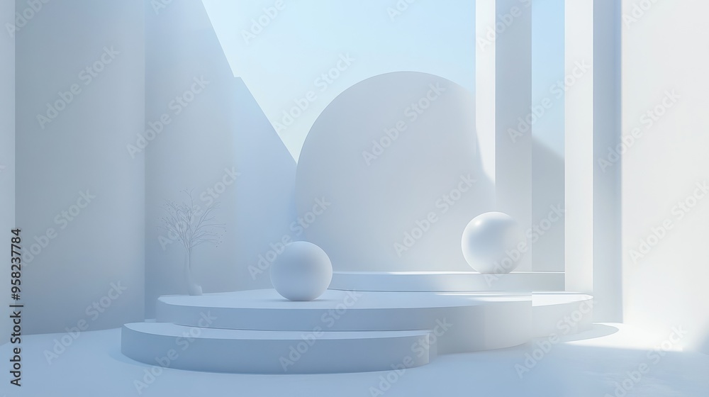Poster Minimalist White Platform with Spheres and Branch in a White Room