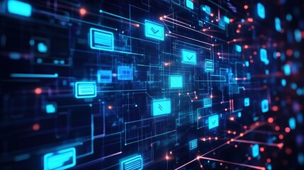 Naklejka premium Abstract network grid with files and folders, futuristic software interface, digital document management system, store, search and organize documents, corporate business, paperless office 