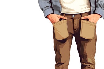 A man is wearing brown pants with pockets and holding his hands in his pockets