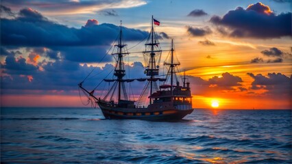 Fototapeta premium pirate ship sailing in sunset.