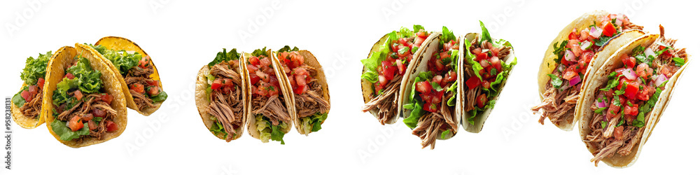 Poster on a transparency background, a side view of pork carnitas is shown