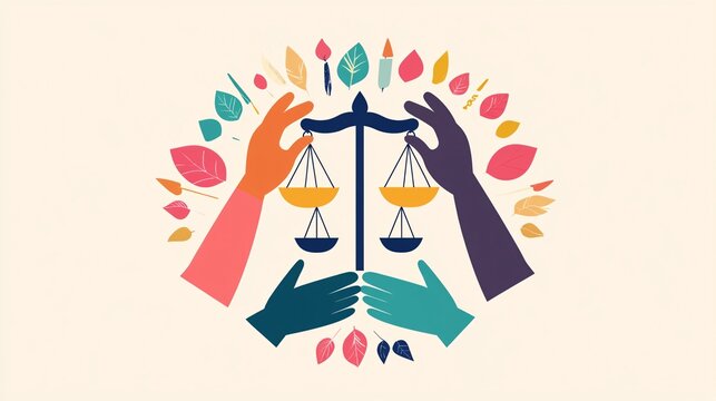 Flat design showing hands of various colors and shapes holding a scale together emphasizing unity and shared equality
