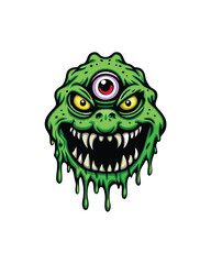 A green, gooey, three-eyed monster with a large open mouth full of sharp teeth and dripping neon green slime.