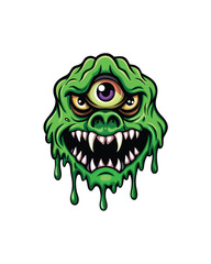 A cartoon monster with three eyes, green skin, sharp teeth, and dripping neon green slime.