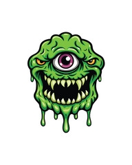 A gooey three-eyed monster with neon green slime dripping from its mouth.