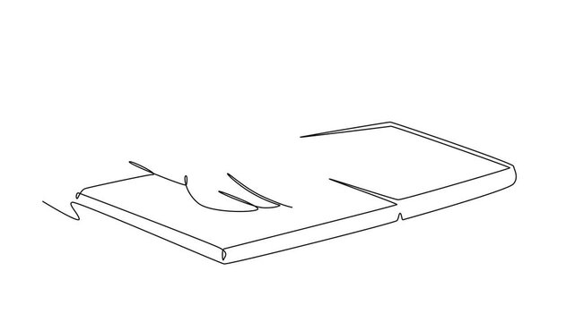 Animated self drawing of continuous line draw hand gesture of student college writing on paper at open book. Business project to do list. Knowledge or education concept. Full length one line animation