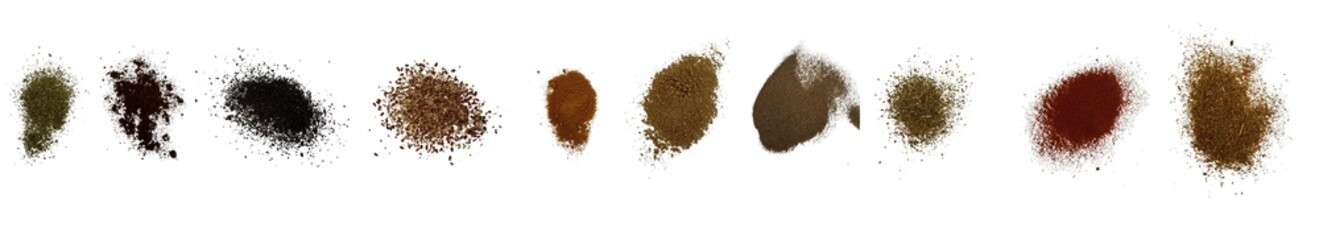 Close-up shot of 10  types of spices on white background