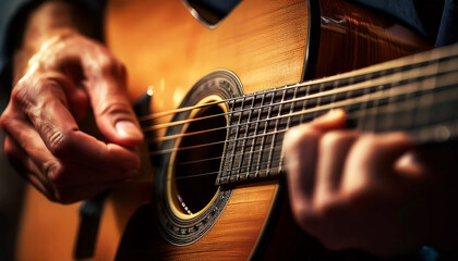 Extreme close-up of the expert hands of a guitarist as he plays a beautiful wooden acoustic guitar. String instrument concept. Generative Ai.