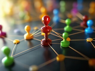 Network of Colorful Connected Pawns Representing Social Connections and Communication in a Digital World