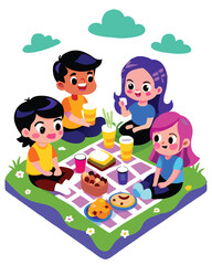Illustration of a picnic with four friends in a sunny field with a checkered blanket and food.