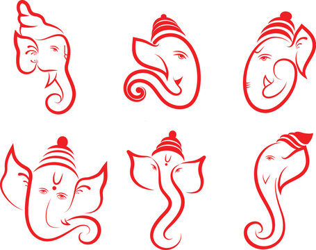 Set of 6 Ganpati face, Collection of 6 vector Lord Ganesh face minimal illustrations, Lord Ganesh vector art 