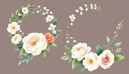 Delicate floral wreath with pink roses, white anemone flowers, and green leaves on a light background