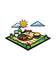 A cartoon illustration of a picnic on a sunny day, featuring a checkered blanket, a bottle of wine, a glass, food, and a plate.