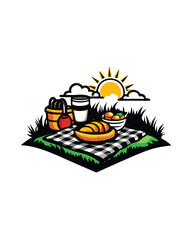 A picnic basket, a checkered blanket, and a basket of fruit are laid out on a green grassy field under a bright sun.