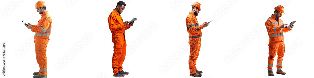 Poster full body of young engineer using digital tablet on transparency background