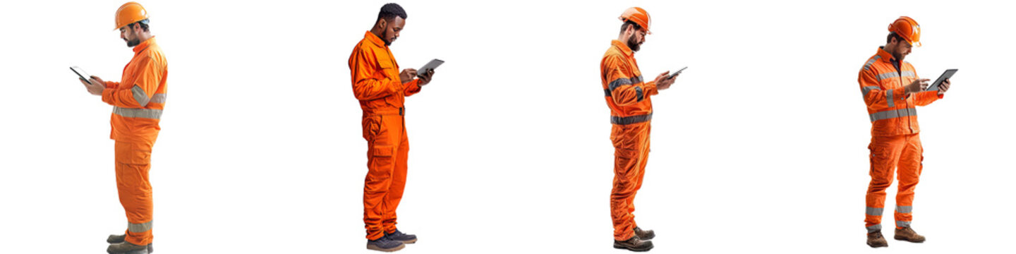 Full body of young engineer using digital tablet on transparency background