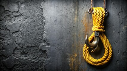 industrial yellow rope and steel hook on dark gray concrete wall with moody lighting and strong textures suggesting heavy-duty construction and rugged reliability