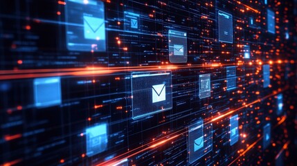 Fototapeta premium Abstract network grid with files and folders, futuristic software interface, digital document management system, store, search and organize documents, corporate business, paperless office 