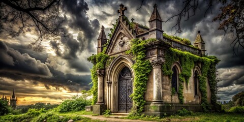 Stark, high-contrast line art captures the haunting beauty of a crumbling, Gothic-style mausoleum, overgrown with vines and moss, set against a dramatic, stormy sky.