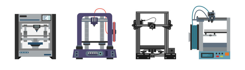 Set of 3d printers isolated on white background. 3d concept. Technology concept.