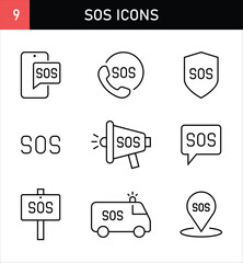 9 SOS Icons Set Emergency and Saving People sign Looking for Help