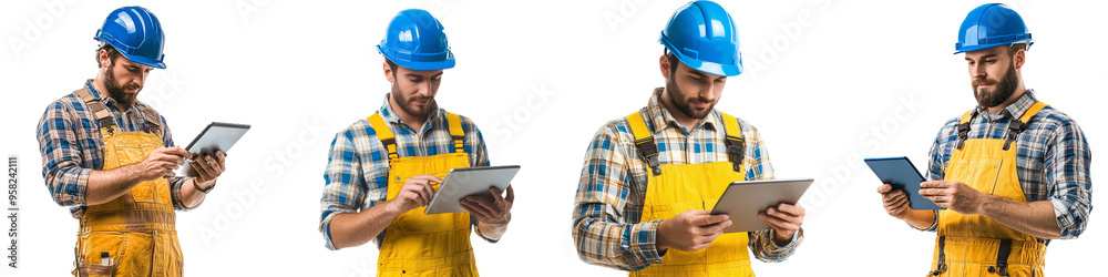 Poster a male manual worker in a blue helmet using a digital tablet against a transparency