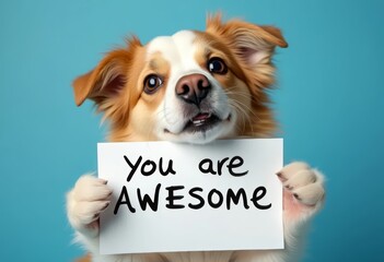 Appreciation message. Cute dog with a sign " you are awesome ". Compliment, gratitude and praise concepts.